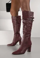 Kozaki damskie - Bordowe Eleganckie Kozaki do Kolan na Słupku Zdobione Paskami z Klamerkami Alenelle - miniaturka - grafika 1