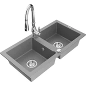 Zlewozmywaki z baterią - Mexen Mario zlewozmywak granitowy 2-komorowy z baterią kuchenną Savita, szary - miniaturka - grafika 1