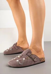Szare Klapki w Stylu Chodaków z Aplikacjami i Perełkami Sesaliana - Klapki i japonki damskie - miniaturka - grafika 1