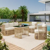 Meble ogrodowe - Zestaw mebli ogrodowych PE stal i rattan 5-osobowy: 1 sofa 3-osobowa + 2 fotele + stolik szklany - Beżowy + czarny - miniaturka - grafika 1