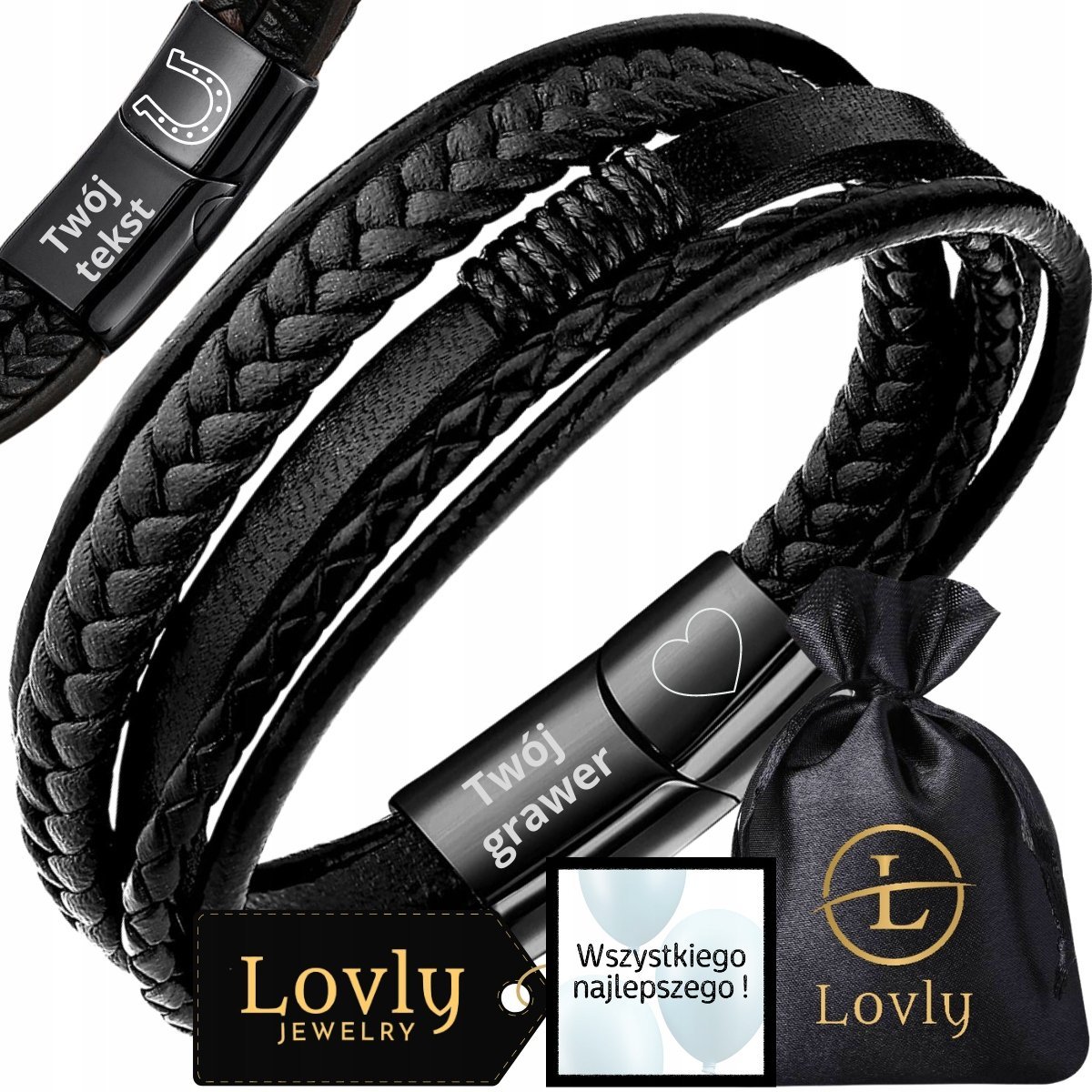 Skórzana Bransoletka Męska Stal Nierdzewna 316L Czarna Premium Z Grawerem