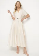 Sukienki - Beżowa Wiskozowa Sukienka z Lnem o Rozkloszowanym Kroju z Paskiem z Klamerką Linalin - miniaturka - grafika 1