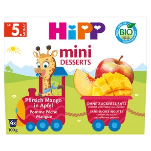 HiPP Mini Deser Bio, jabłko, brzoskwinia, mango, po 5 miesiącu, 4 x 100 g - Desery dla dzieci - miniaturka - grafika 1