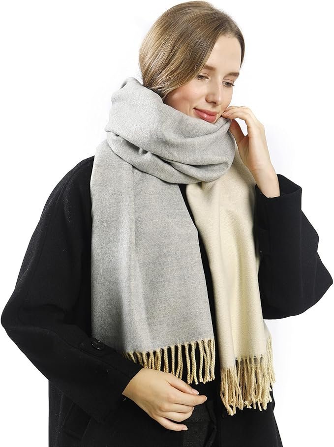 Dwustronny Szalik Zimowy Pashmina Miękki Gruby Ciepły Modny Biało-Szary L