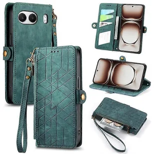 Kompatybilny z etui OnePlus Nord 4, portfel z zamkiem błyskawicznym, skórzane etui na telefon z geometrycznymi liniami Zielony - Portfele - miniaturka - grafika 1