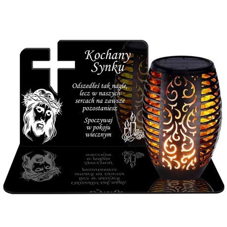 ZNICZ SOLARNY LED WIECZNY PODSTAWKA NA CMENTARZ GRÓB Krzyż EFEKT PŁOMIENIA DLA SYNA