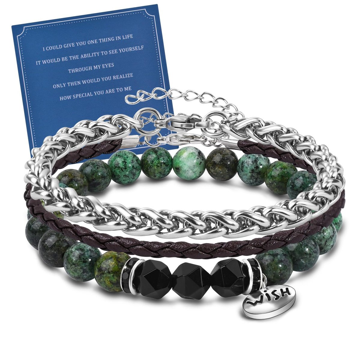 Męska Bransoletka Prezent Zestaw 3 sztuki Skórzane Stalowe Kamienie