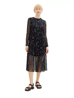 Sukienki - TOM TAILOR jeansowa damska sukienka siateczkowa ze wzorem, 34261-nadruk z czarną literą, S - grafika 1