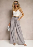 Spodnie damskie - Szare Spodnie Palazzo High Waist z Szerokimi Nogawkami i Paskiem z Metalową Klamrą Oinna - miniaturka - grafika 1