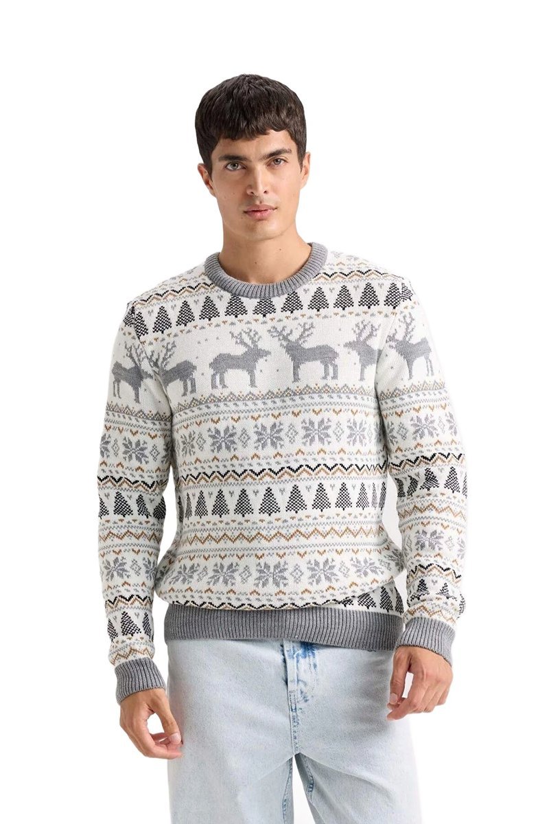 DEFACTO SWETER MĘSKI WZÓR NORWESKI SZARY BIAŁY Z DEKOLTEM OKRĄGŁYM L 5DA