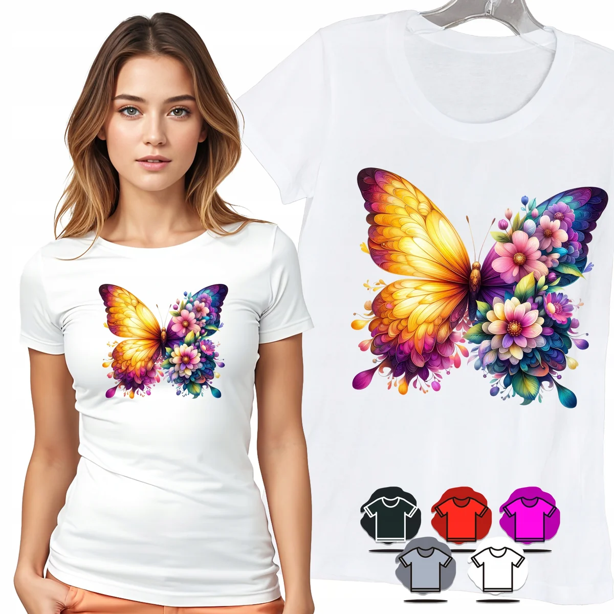 KOSZULKA DAMSKA T-SHIRT - MOTYL ŻÓŁTY KWIATY KOLOROWY WZÓR DLA NIEJ - XL