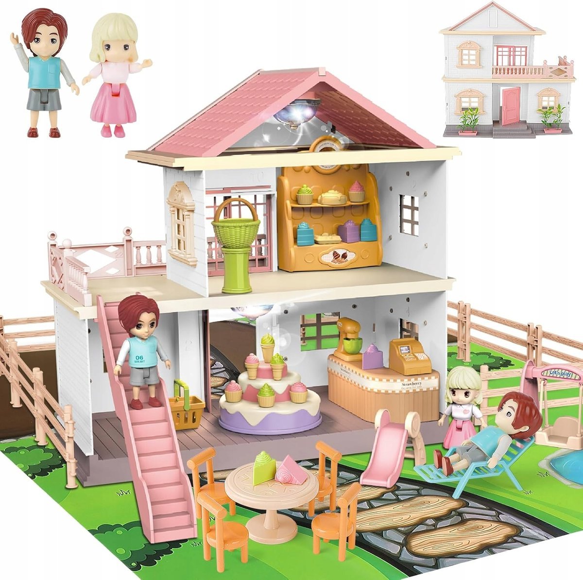MINIATUROWY DOMEK DLA LALEK 2-POZIOMY AKCESORIA LALKI ZESTAW DLA DZIECI