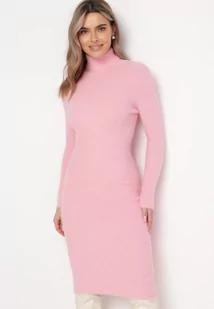 Różowa Sweterkowa Puchata Sukienka Midi z Wełny z Golfem Sebhat - Sukienki - miniaturka - grafika 1