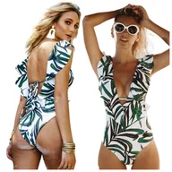 Stroje kąpielowe - JEDNOCZĘŚCIOWY STRÓJ KĄPIELOWY MONOKINI LIŚCIE PRINT KOSTIUM NA BASEN XL - miniaturka - grafika 1