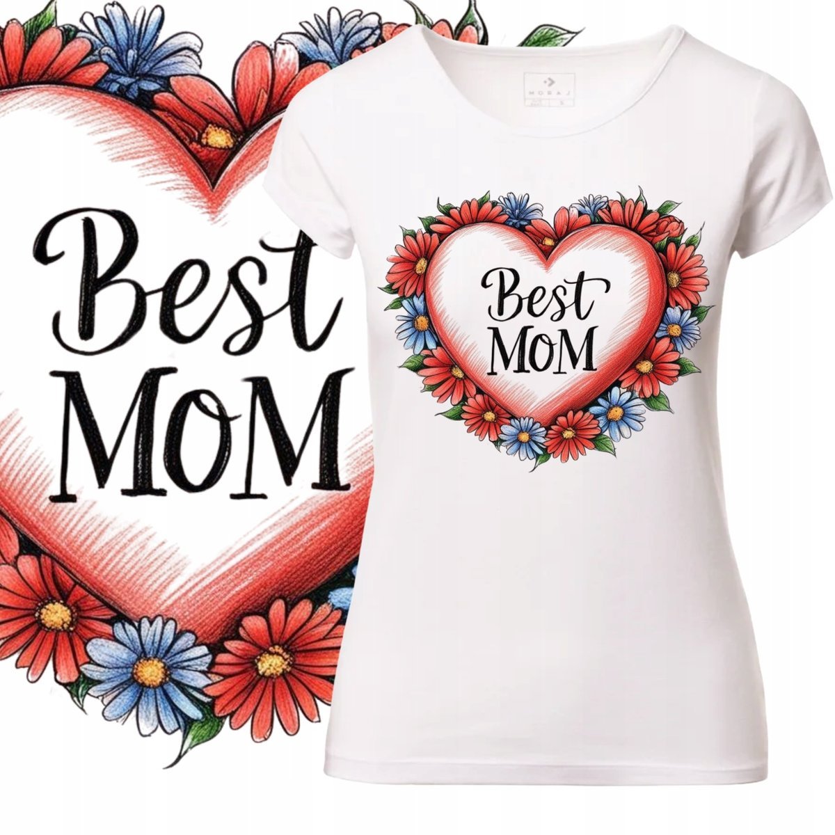 T-Shirt Damski Koszulka Nadruk Serce Kwiaty Mom Dzień Matki Prezent L
