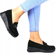 Półbuty damskie - PÓŁBUTY BUTY MOKASYNY NA KOTURNIE Z KLAMRĄ CZARNE ZAMSZOWE WYGODNE LEKKIE - miniaturka - grafika 1