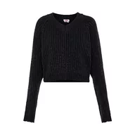 Swetry damskie - myMo Damski sweter z dzianiny prążkowanej z dekoltem w serek, poliester, czarny, rozmiar XL/XXL, czarny, XL - miniaturka - grafika 1