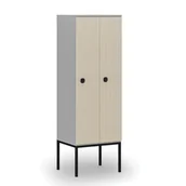 Szafy biurowe - Drewniana szafa ubraniowa z podstawą, 2 przegródki, zamek kodowy, szary/brzoza - miniaturka - grafika 1