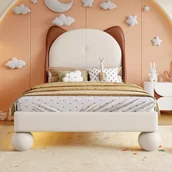 Łóżka dla dzieci i młodzieży - Łóżko dziecięce tapicerowane 90x200 cm - zagłówek w kształcie kocich uszu - z diodą LED - z podstawą z listew - PU - beżowy + brązowy (bez materaca) - miniaturka - grafika 1