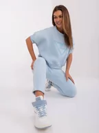 Spodnie sportowe damskie - Komplet dresowy jasny niebieski casual bluza i spodnie dekolt okrągły rękaw krótki nogawka zwężana długość długa ocieplenie naszywki - miniaturka - grafika 1