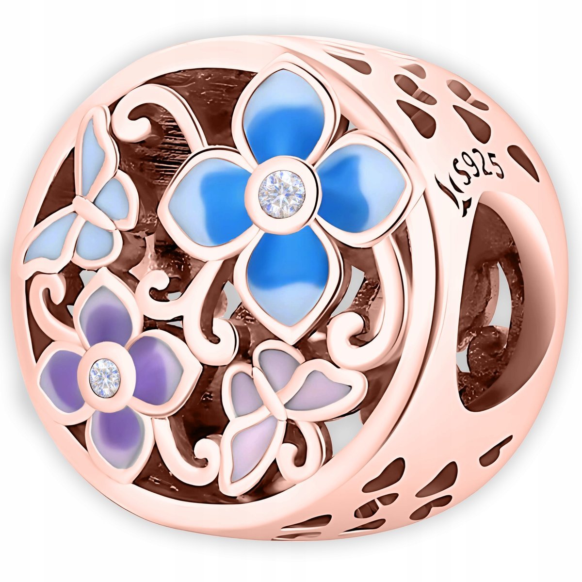 Charms Pozłacany Łąka Motyle Kwiatki Kolorowe Kwiaty Motylki SREBRO 925