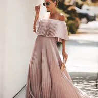 Sukienki - TEMU Elegancka, zawiązana na ramię, plisowana sukienka maxi dla kobiet - jednokolorowa, płynna sylwetka w kształcie litery A, lekki poliestr, idealna - miniaturka - grafika 1