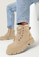 Botki damskie - Ciemnobeżowe Traperki Mocno Ocieplone z Dodatkowym Sznurowaniem Lakyta - miniaturka - grafika 1