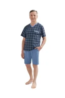 Piżamy damskie - PIŻAMA MĘSKA M KRÓTKI RĘKAW SPODENKI SZORTY Z KIESZENIAMI BAWEŁNIANA GRANATOWA W KRATKĘ 2 - miniaturka - grafika 1