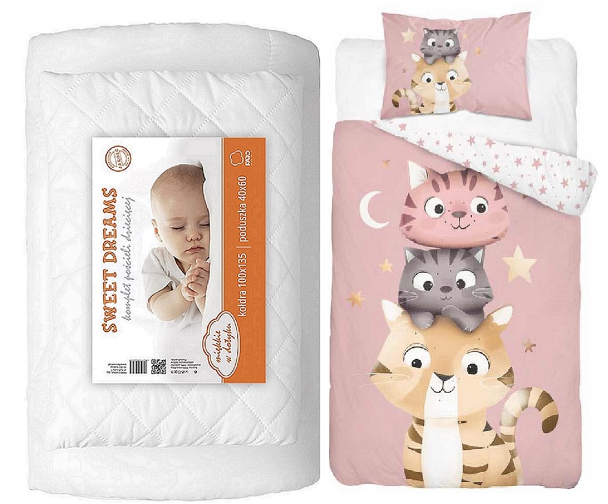 Komplet pościeli 100x135 do łóżeczka z kołdrą i poduszką wyprawkakotki róż