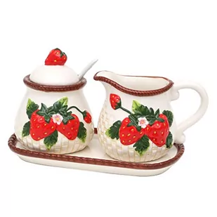 Dekohelden24 Dolomite Cukiernica z łyżeczką, dzbankiem na mleko i talerzem jako zestaw 3 sztuk, ze reliefem truskawkowym, rozmiar ok. 19 x 10,5 cm, 12 - Cukiernice - miniaturka - grafika 1