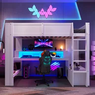 Łóżka dla dzieci i młodzieży - Łóżko piętrowe 90x200 cm - z biurkiem - z oświetleniem LED - z 1 szufladą - z półką - białe (bez materaca) - miniaturka - grafika 1