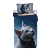 Pościel - Pościel z mikrofibry 140x200 Kot granatowa szara poszewka 70x90 - miniaturka - grafika 1
