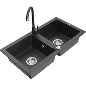 Zlewozmywaki z baterią - Mexen Mario zlewozmywak granitowy 2-komorowy z baterią kuchenną Telma, czarny nakrapiany - miniaturka - grafika 1