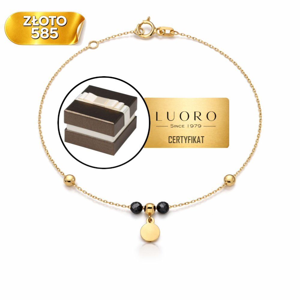 BRANSOLETKA ZŁOTA 585 14K KÓŁKO KULKI ŻÓŁTE CZARNE 16,5 CM REGULOWANA