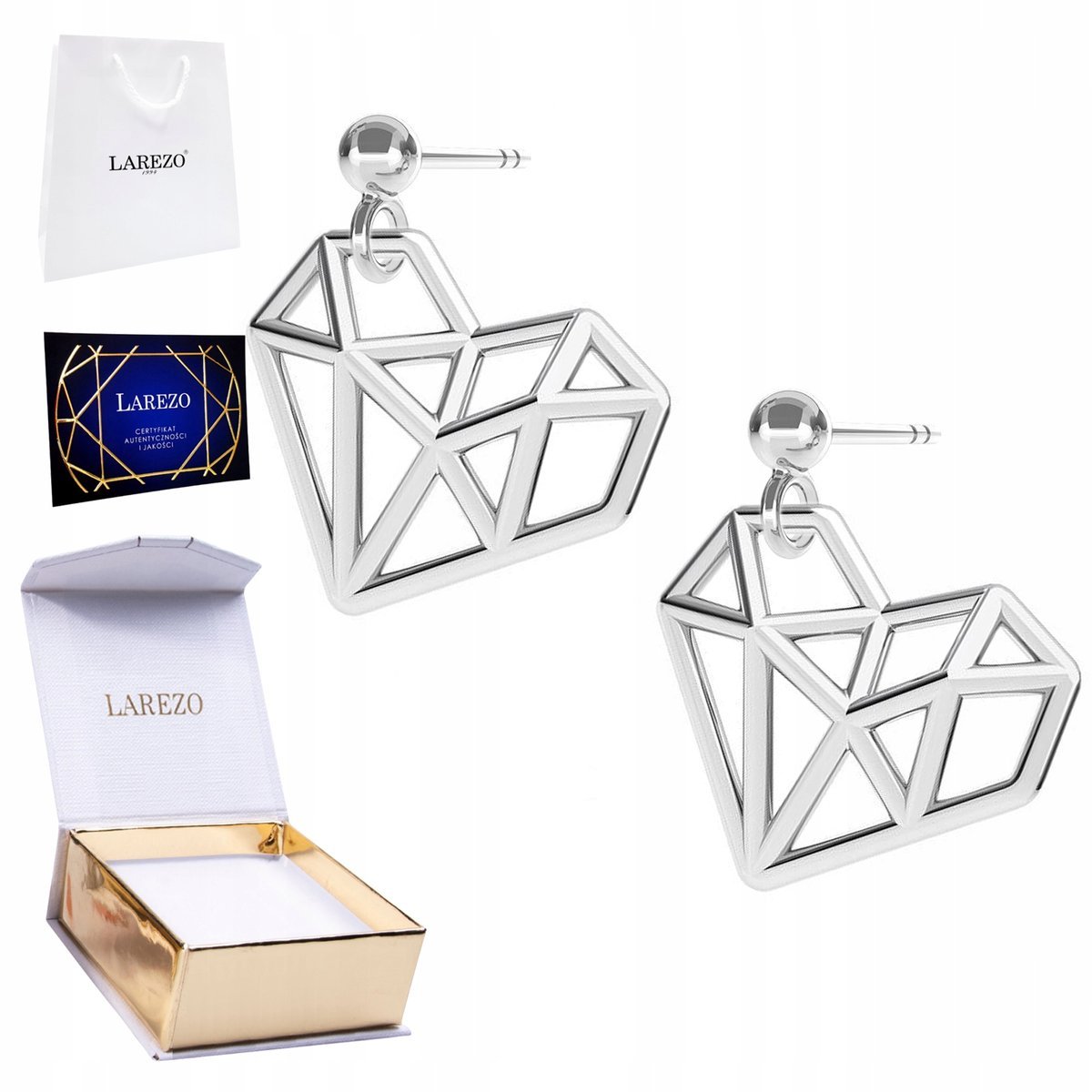 Kolczyki Srebrne 925 Ażurowe Serca Brylanty Klejnoty Diamenty Serduszka