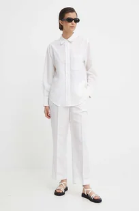 Calvin Klein spodnie z domieszką lnu kolor biały proste high waist K20K206695 - Spodnie damskie - miniaturka - grafika 1