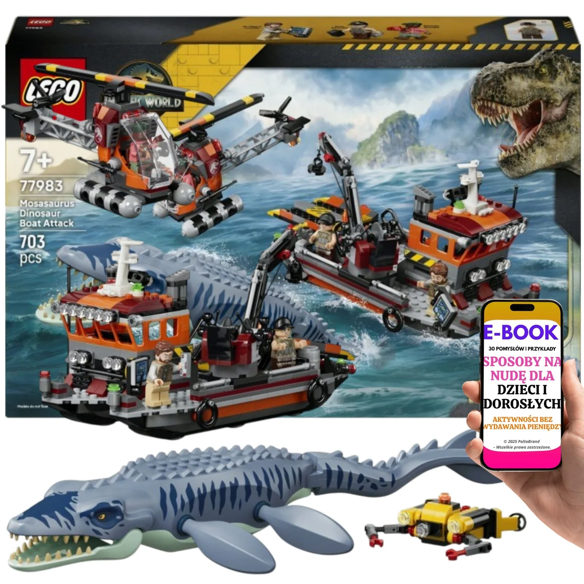 LEGO Jurassic World: Odrodzenie Mosasaurus Boat Attack 77983 Zestaw Klocków z Katamaranem i Dinozaurem Prezent Dla Fana