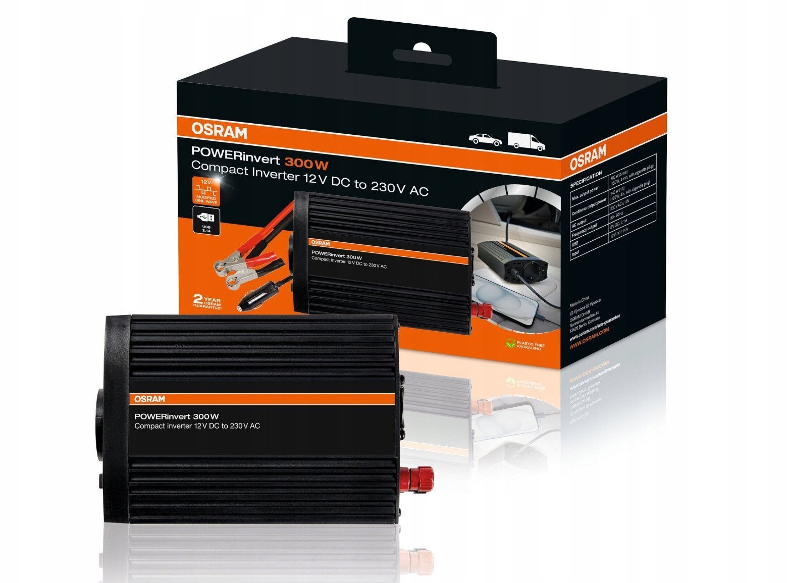 Przetwornica OEINVU300, moc użytkowa: 300 W, napięcie wejściowe: 12 V, napięcie wyjściowe: 230 V USB - 121x197x53 mm