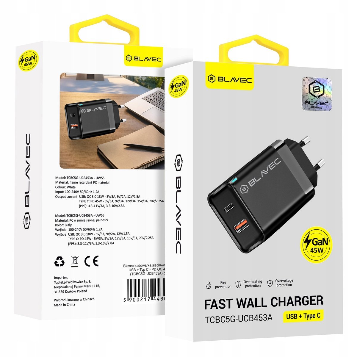 Blavec Ładowarka sieciowa BC5 GaN - USB + Typ C - PD QC 45W 3A