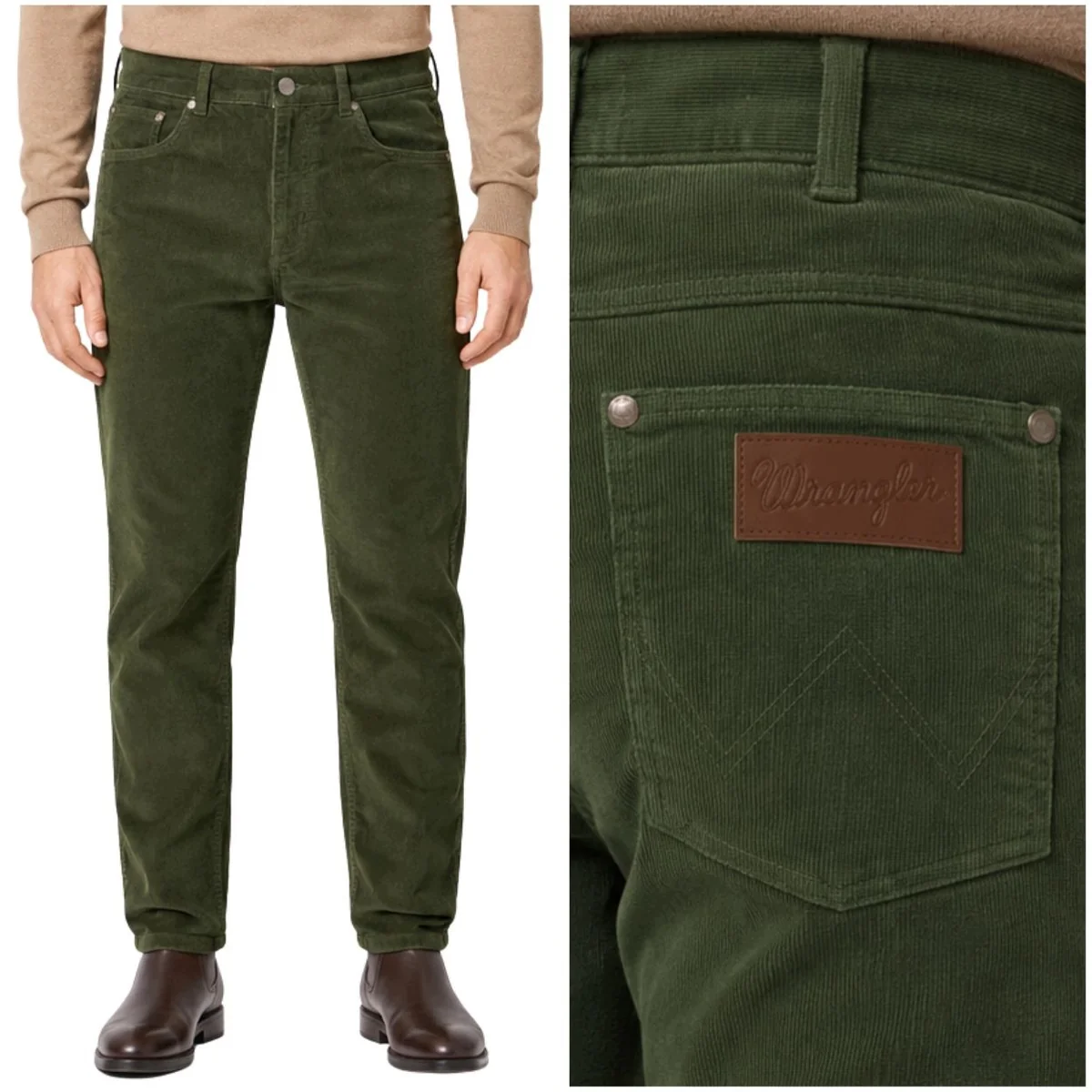 Wrangler Greensboro Forest Night proste zielone spodnie sztruksy W38 L32