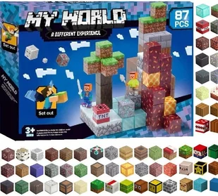 KLOCKI MAGNETYCZNE MINECRAFT KLOCKI 87 ELEMENTÓW W TYM 2 FIGURKI - Klocki - miniaturka - grafika 1