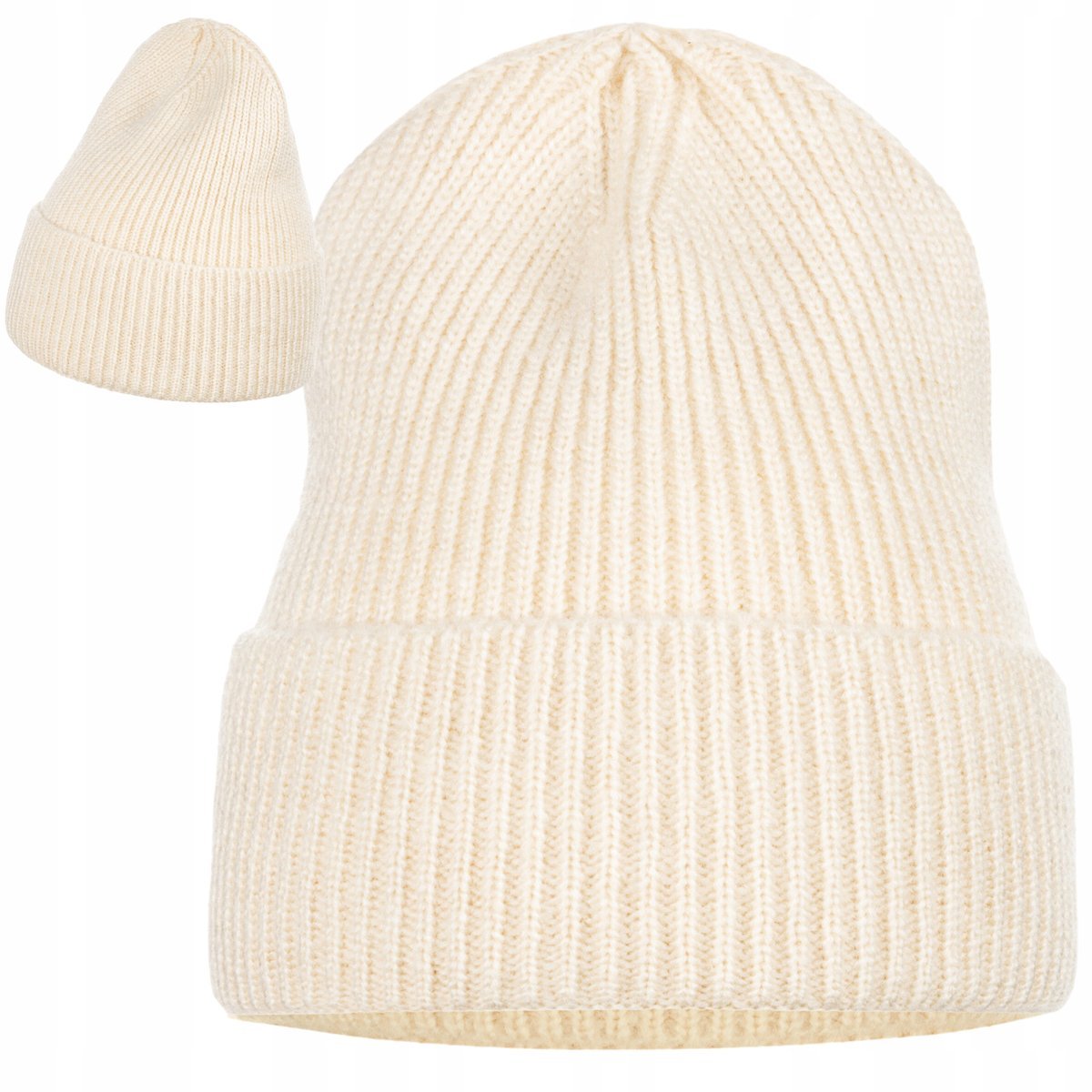 Czapka Damska Kobieca Beanie Wywijana Ciepła Jesienna Beż Beżowa