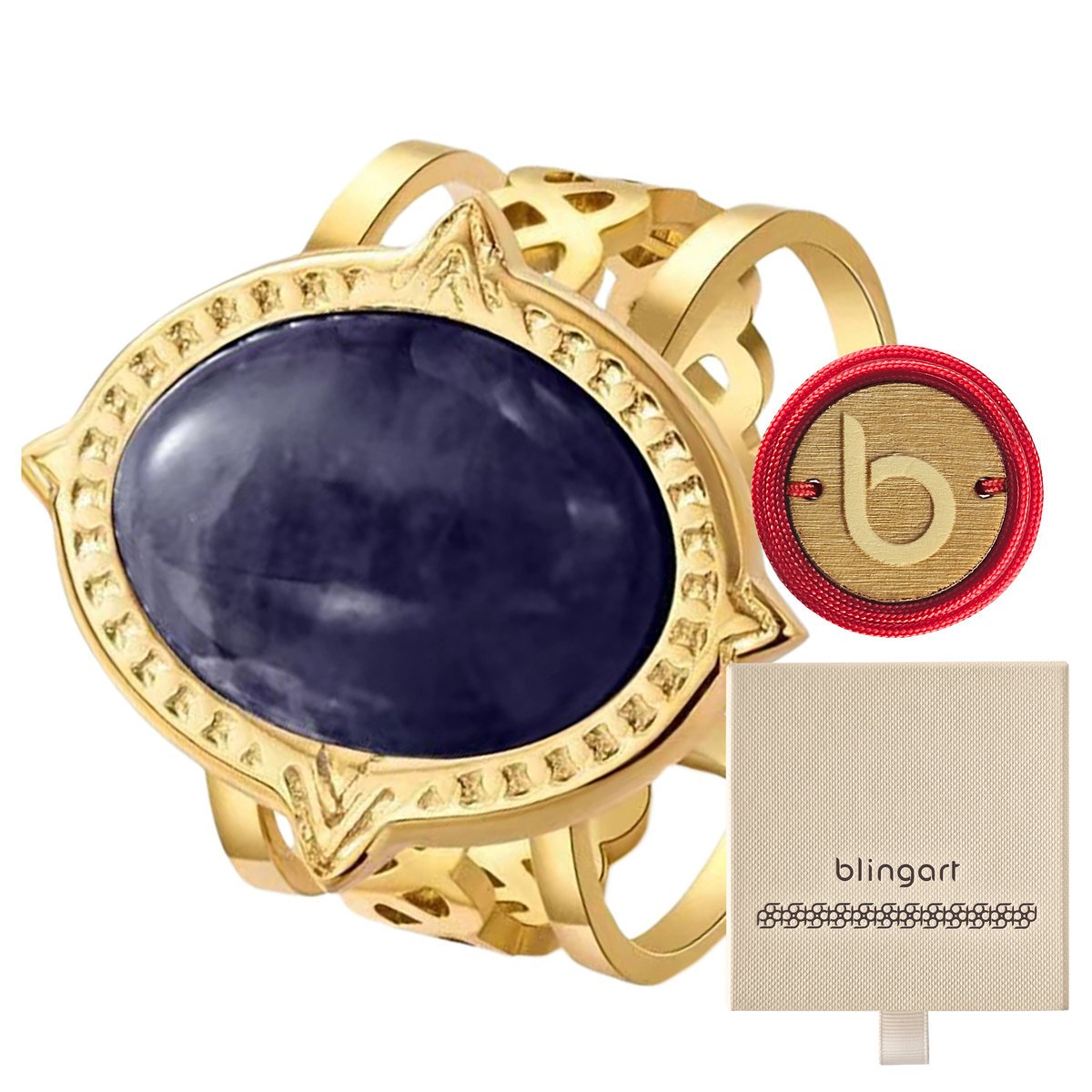 Pierścionek damski pozłacany kamień niebieski lapis lazuli stal BLINGART