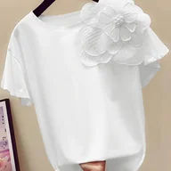 Bluzki damskie - TEMU Damska Półprzezroczysta Bluzka z Krótkim Rękawem – Okrągły Dekolt, Jednokolorowy Top z 3 Aplikacjami Kwiatowymi, Wiosenno-Letnie Casualowe - miniaturka - grafika 1