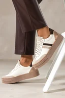 Półbuty damskie - Białe sneakersy skórzane damskie buty sportowe na platformie z czekoladowymi i złotymi wstawkami sznurowane PRODUKT POLSKI Casu M8701 - miniaturka - grafika 1