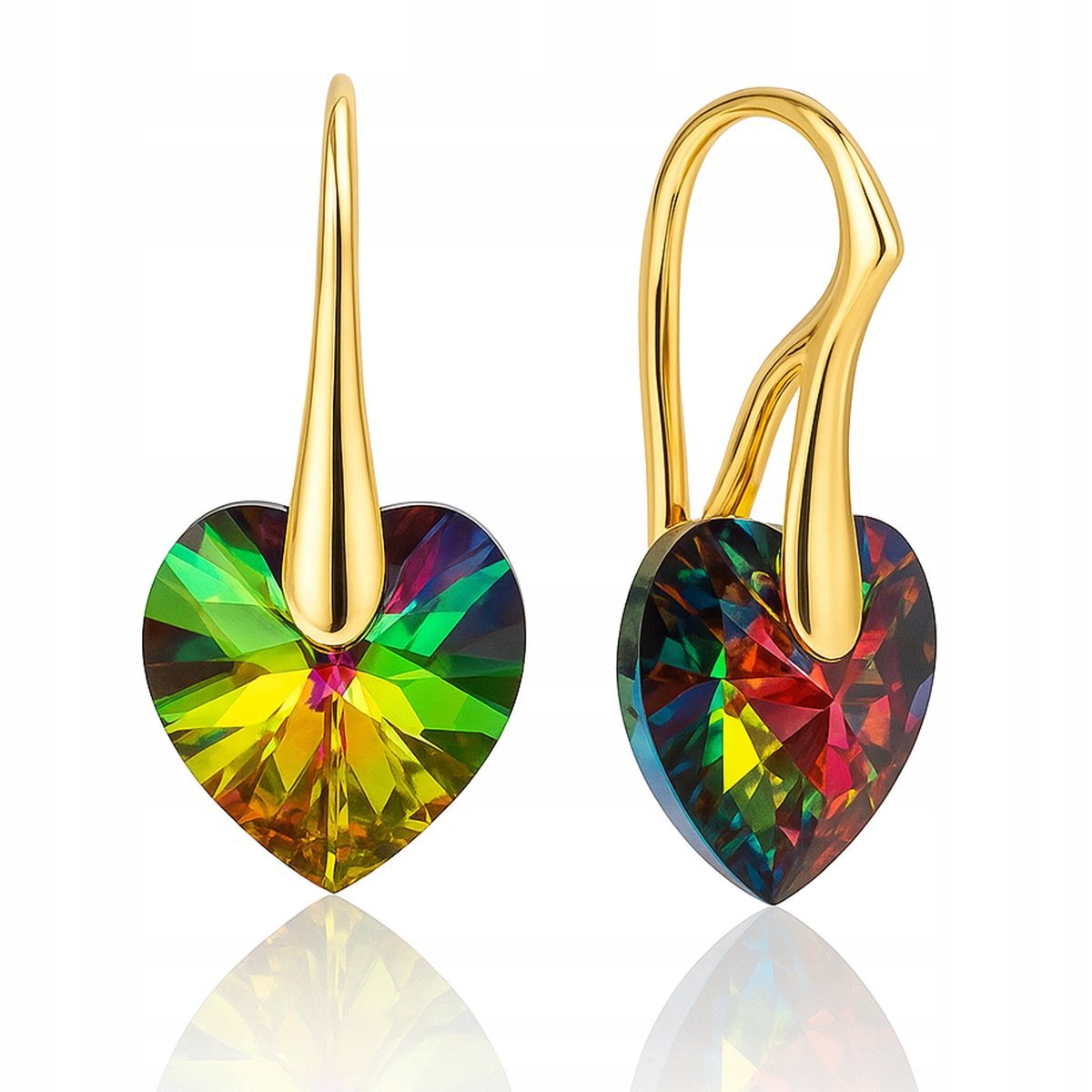 KOLCZYKI SWAROVSKI ZŁOTE SERCA WISZĄCE KOLOROWE, SREBRO PR. 925, POZŁACANE