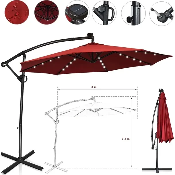 Parasol Ogrodowy Ze Światłami Led Obrotowy 360° 300 X 230cm Czerwony