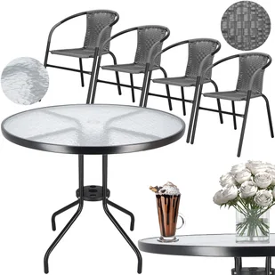 Komplet mebli tarasowych, ogrodowych 4 krzesła i okrągły stół z szkła hartowanego czarno-szary - Meble ogrodowe - miniaturka - grafika 1