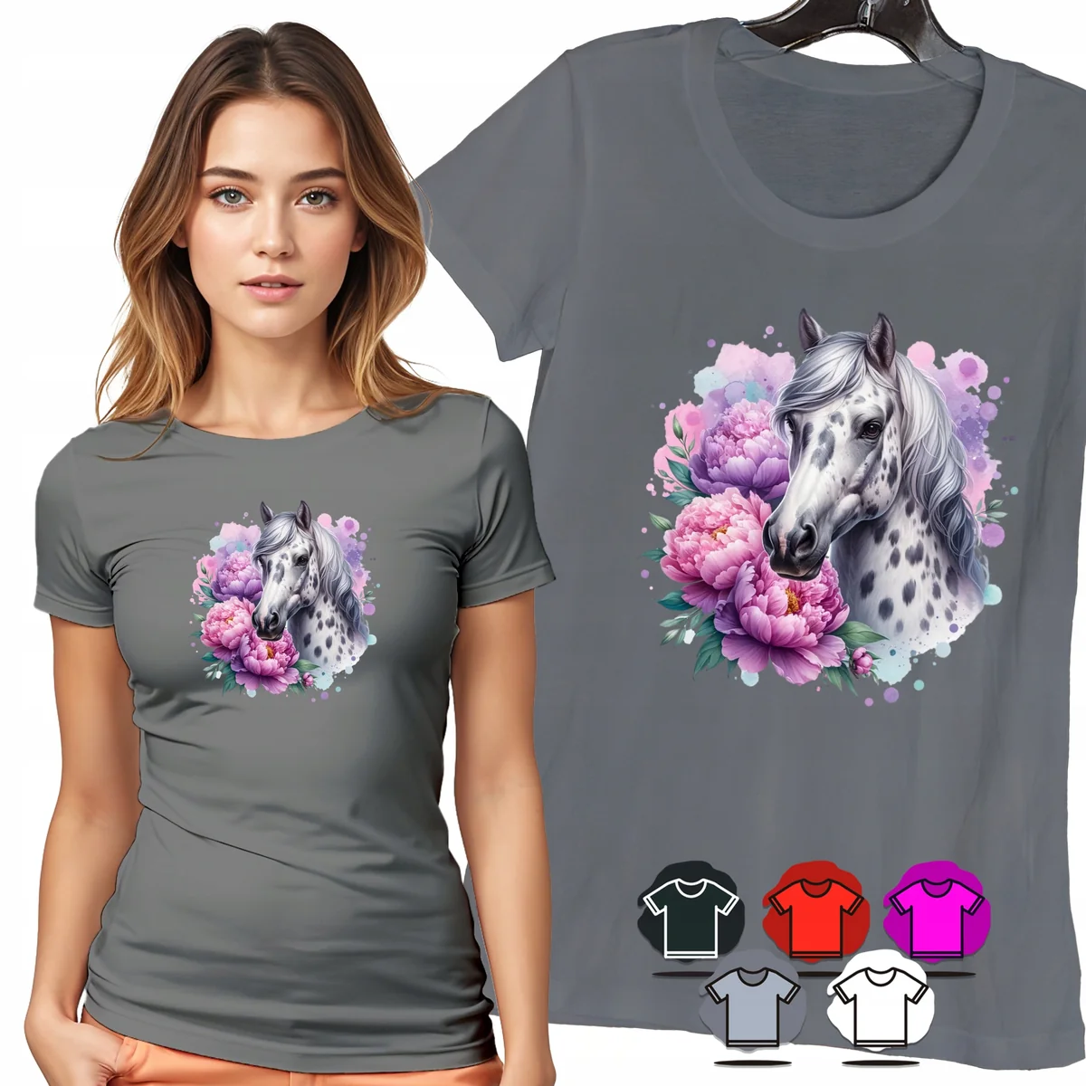 KOSZULKA DAMSKA T-SHIRT - KOŃ W KWIATACH RÓŻOWY PORTRET DAMSKI WZÓR - 3XL