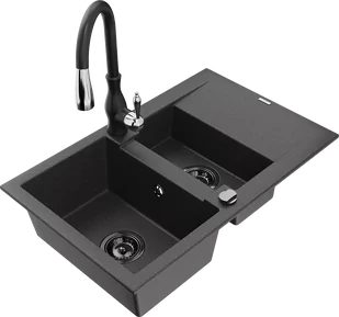 Mexen Gaspar zlewozmywak granitowy 1,5-komorowy z ociekaczem i baterią kuchenną Savita, czarny nakrapiany - 6507-76-672601-70-B - Zlewozmywaki z baterią - miniaturka - grafika 1